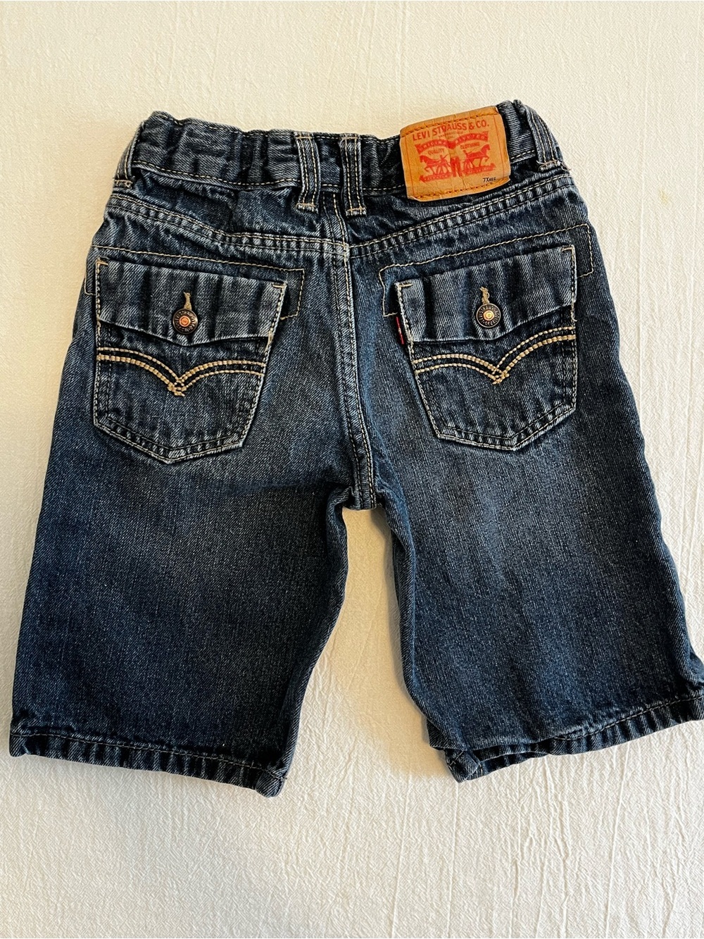 Levi’s Kids 7x Denin Jean Shorts Dark Wash Adjustable Waist Bermuda Flap Pockets